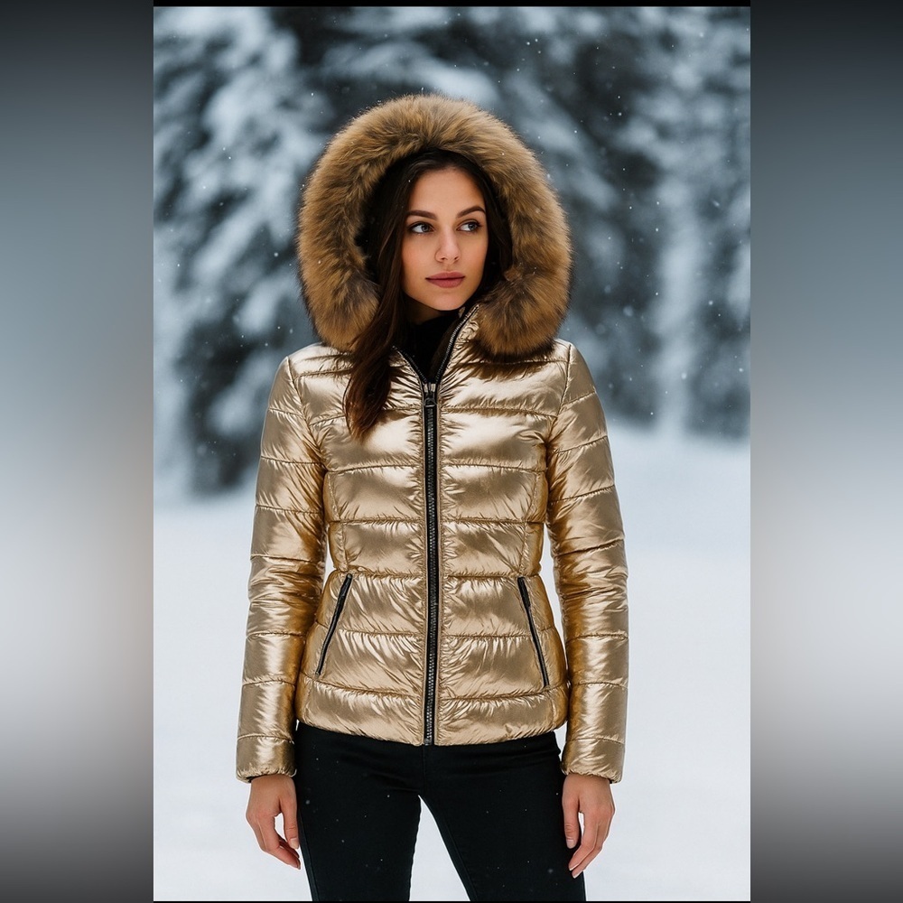 Puffer Jacket Winter Women Warm Quilted Bubble Fur Hood Coat Medium Gold Shimmer - Picture 3 of 16